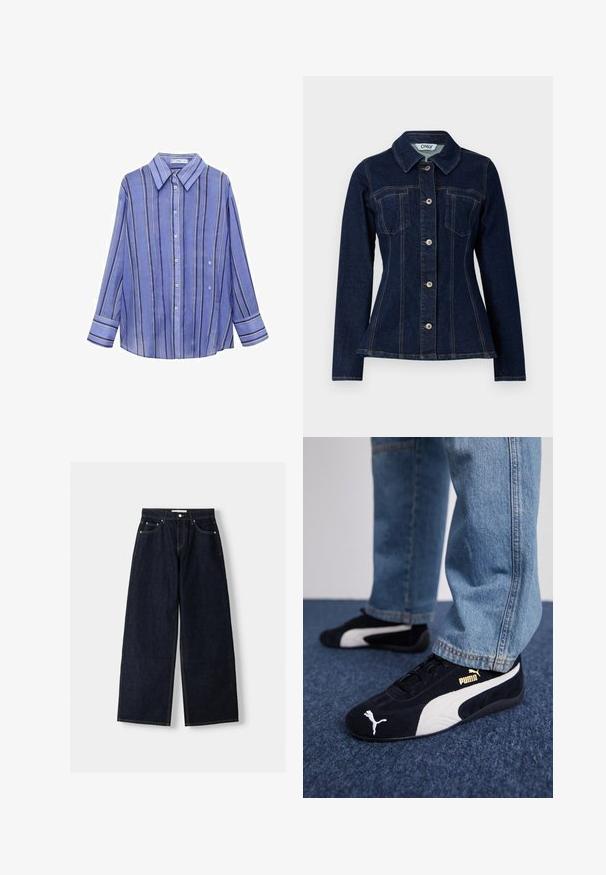 Tmavě modrá džínová bunda s přiléhavým střihem, špičatým límcem, předním zapínáním na knoflíky a dvěma náprsními kapsami. Viditelné kontrastní prošívání.; Modrá pruhovaná košile s dlouhými rukávy, zapínáním na knoflíky vpředu, límečkem a kontrastními vertikálními pruhy v bílé a fialové barvě. Hladká textilie.; Tmavě modré džíny s širokými nohavicemi a vysokým pasem, pěti kapsami, kontrastním šitím a stříbrnými kovovými detaily. Hladká struktura a čisté provedení.; Černé semišové tenisky s bílými akcenty a zlatým logem. Nosené s světle modrými jeany a položené na strukturovaném modrém povrchu.