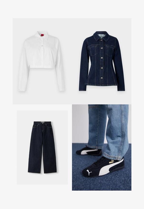 Tamno plavi traper jakna s uskim dizajnom, naoštrenom ovratnikom, prednjim zatvaranjem na dugmad i dva džepa na grudima. Vidljivo kontrastno šivanje.; Bijela skraćena košulja s gumbima, oštrog ovratnika, dugim rukavima i suptilnim logom na prsima. Glatka tkanina bez uzoraka.; Tamno plavi traper široki traperice viskog struka, s pet džepova, kontrastnim šavovima i srebrnim metalnim detaljima. Glatka tekstura i čista obrada.; Crne suede tenisice s bijelim detaljima, s zlatnim logotipom. Nosene su s svijetloplavim trapericama i postavljene na teksturiranoj plavoj podlozi.