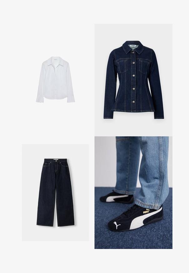 Dunkelblaue Jeansjacke mit taillierter Passform, spitzem Kragen, vorderem Knopfverschluss und zwei Brusttaschen. Sichtbare Kontrastnähte.; Weißes Langarmhemd mit Kragen, Knopfleiste, zwei Brusttaschen, geradem Saum und leicht ausgestellten Ärmeln aus glattem Stoff.; Dunkelblaue, weite Jeans mit hoher Taille, fünf Taschen, Kontrastnähten und silbernem Metallzubehör. Glatte Textur und saubere Verarbeitung.; Schwarze Wildledersneaker mit weißen Akzenten und einem goldenen Logo. Getragen mit hellblauen Jeans und auf einer strukturierten blauen Oberfläche platziert.