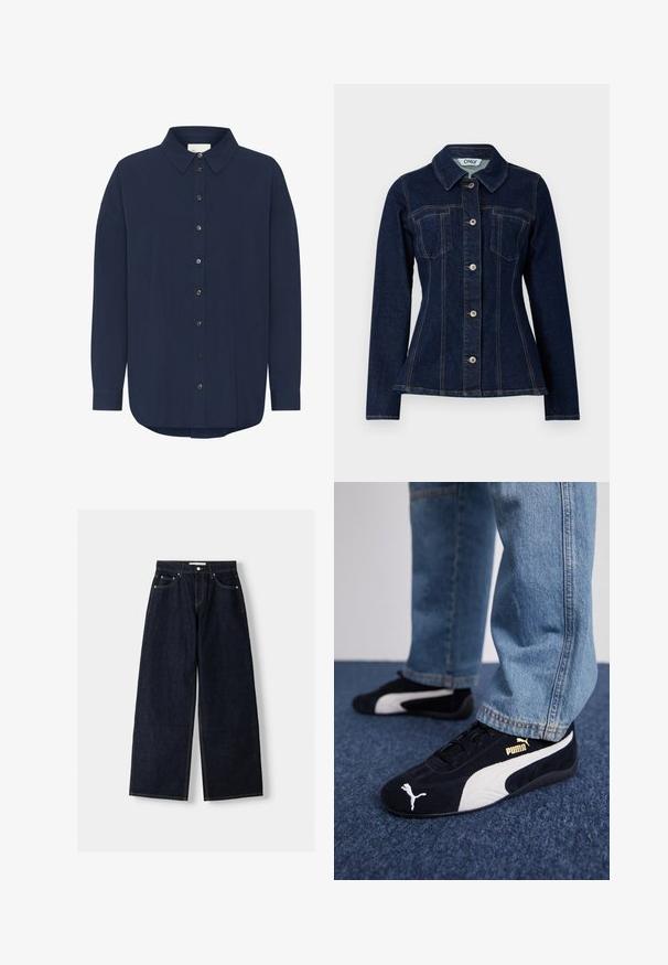 Tummansininen farkkutakki, jossa on istuva muotoilu, terävä kaulus, etupainonappi kiinnitys ja kaksi rintataskua. Näkyvä kontrastivärinen ompelu.; Tummansininen pitkähihainen paita, jossa on klassinen kaulus, napitettu etuosa ja rento leikkaus. Ominaisuuksina hienovarainen pinta ja pyöristetty helma.; Tummansiniset farkut, joissa on leveät lahkeet ja korkea vyötärö, viisi taskua, kontrastiväriset saumat ja hopeiset metalliosat. Sileä pinta ja siisti viimeistely.; Mustat mokkanahkaiset lenkkarit valkoisilla yksityiskohdilla, joissa on kultainen logo. Yhdistetty vaaleansinisiin farkkusiin ja asetettu tekstuuripintaiseen siniseen taustaan.