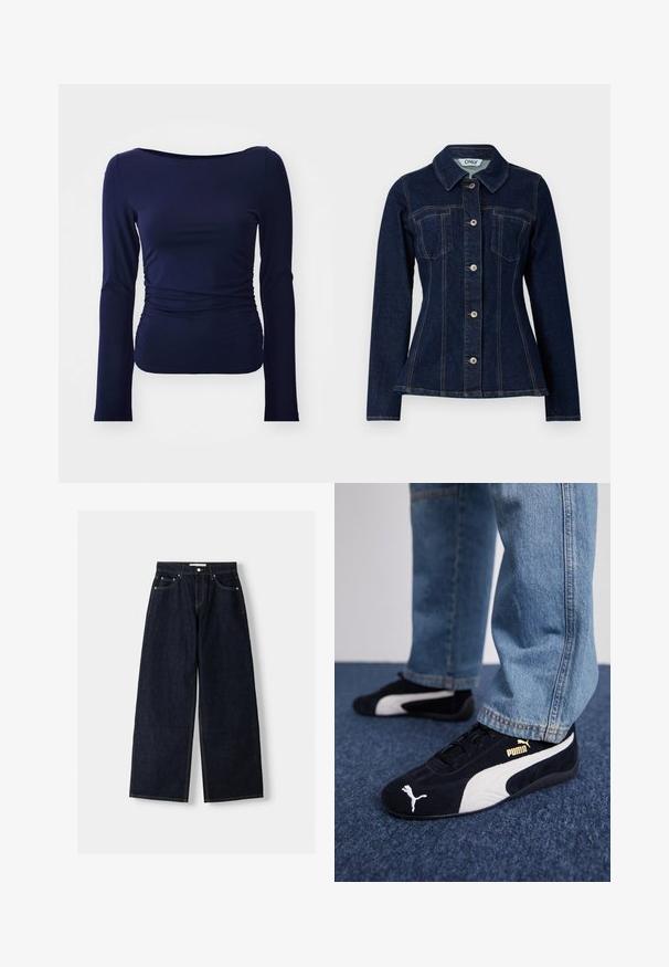 Jachetă din denim de culoare bleu închis, cu un design ajustat, guler ascuțit, închidere cu nasturi în față și două buzunare pe piept. Cusături contrastante vizibile.; Bluză lungă cu mânecă dintr-un material moale și elastic, în nuanța marină, cu decolteu rotund și detalii pliate pe lateral, oferind o siluetă ajustată.; Jeans wide-leg din denim albastru închis, cu talie înaltă, cinci buzunare, cusături în contrast și elemente metalice argintii. Textură netedă și finisaj curat.; Tenisi negri din suede cu accente albe, dotati cu un logo auriu. Purtați cu blugi din denim deschis la culoare și așezați pe o suprafață texturată albastră.