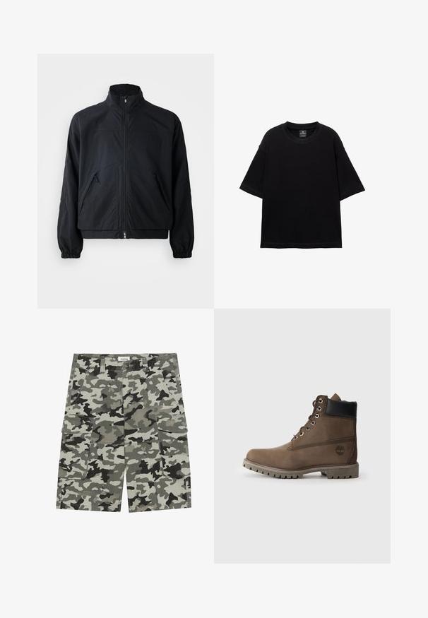 Fekete zipzáras dzseki magas gallérral, két elülső zsebbel és elasztikus mandzsettával, könnyű, texturált anyagból készült.; Fekete, rövid ujjú pamut póló, kerek nyakú és laza szabású. Simaság jellemzi, minimális varrási részletekkel.; Camos-felt cargo bermuda nadrág, szürke és zöld árnyalatokban, több zsebből, gombos záródással és strapabíró szövettextúrával.; Barna bőr bokacsizma fekete gallérral, fém fűzőlyukakkal és strapabíró szürke talppal. Oldalán logó található, valamint steppelt részletek.