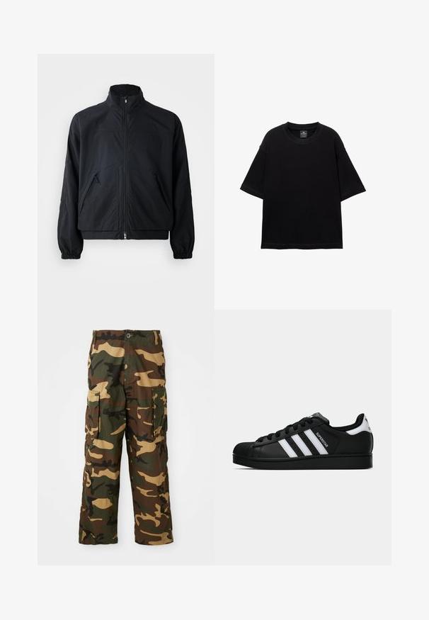 Czarna kurtka zapinana na zamek z wysokim kołnierzem, z dwiema przednimi kieszeniami i elastycznymi mankietami, wykonana z lekkiego, strukturalnego materiału.; Czarny T-shirt z krótkim rękawem wykonany z bawełny, z okrągłym dekoltem i luźnym krojem. Gładka faktura z minimalnymi detalami przeszycia.; Spodnie cargo w kamuflażu w kolorze zielonym, brązowym i beżowym. Posiadają dwie duże kieszenie boczne oraz zapięcie na guzik. Wykonane z teksturowanej tkaniny.; Czarne sneakersy Adidas Superstar z białymi paskami, noskiem w kształcie muszli i napisem "Superstar" na boku, zaprezentowane w profilu bocznym na białym tle.