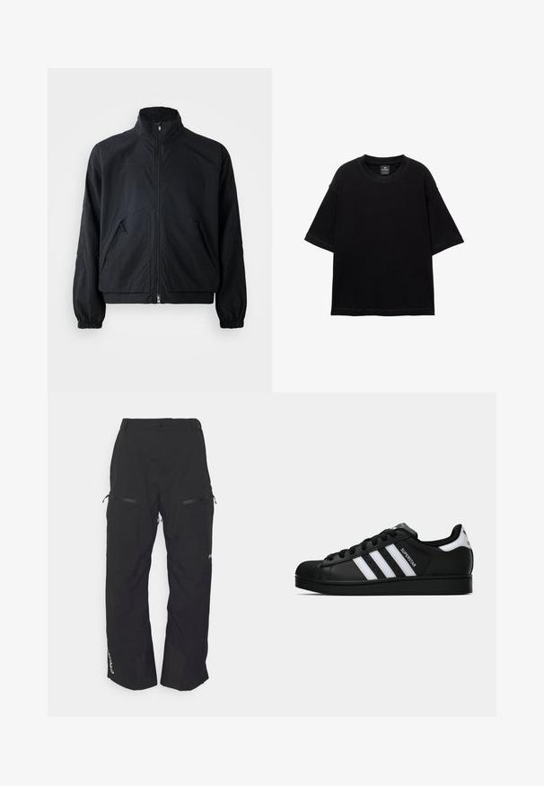 Veste noire zippée avec un col haut, dotée de deux poches avant et de poignets élastiques, fabriquée à partir d'un matériau léger et texturé.; T-shirt noir à manches courtes en coton, avec un col rond et une coupe décontractée. Texture lisse avec des détails de couture minimalistes.; Oakley TNP LINED SHELL PANT 2.0 - Pantalons de snowboard - blackout; Baskets Adidas Superstar noires avec rayures blanches, bout en coque, et texte "Superstar" sur le côté, montrées en profil sur fond blanc.
