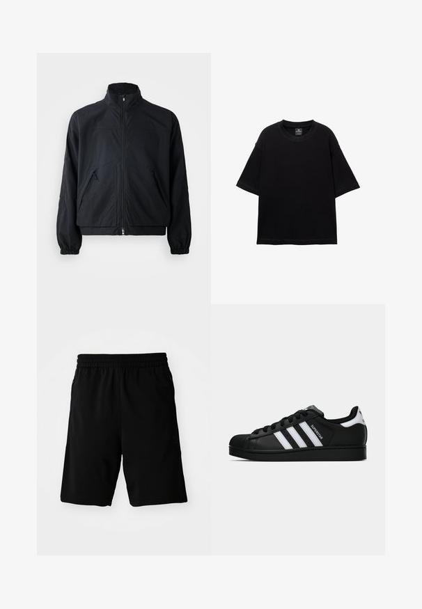 Zwarte zip-up jas met hoge kraag, voorzien van twee zijzakken en elastische manchetten, gemaakt van een lichtgewicht, gestructureerd materiaal.; Zwarte T-shirt met korte mouwen, gemaakt van katoen, met een ronde halslijn en een ontspannen pasvorm. Gladde textuur met minimale stikdetails.; Zwarte sportshorts gemaakt van synthetisch materiaal, met een elastische tailleband en zijzakken. Glad textuur zonder zichtbare patronen.; Zwarte Adidas Superstar sneaker met witte strepen, schelpneus en 'Superstar' tekst aan de zijkant, afgebeeld in zijaanzicht op een witte achtergrond.