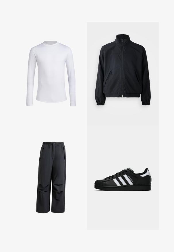 Giacca nera con zip e colletto alto, dotata di due tasche frontali e polsini elasticizzati, realizzata in un materiale leggero e texturizzato.; Maglietta sportiva a maniche lunghe bianca, realizzata in tessuto morbido ed elastico. Presenta un collo a giro e una vestibilità affusolata, con dettagli sottili sulle maniche.; Pantaloni neri, larghi e realizzati in tessuto morbido. Presentano una vita elastica, chiusura con bottone e due tasche laterali con dettagli plissettati.; Sneaker nera Adidas Superstar con strisce bianche, punta a conchiglia e testo "Superstar" su un lato, mostrata in profilo laterale su sfondo bianco.