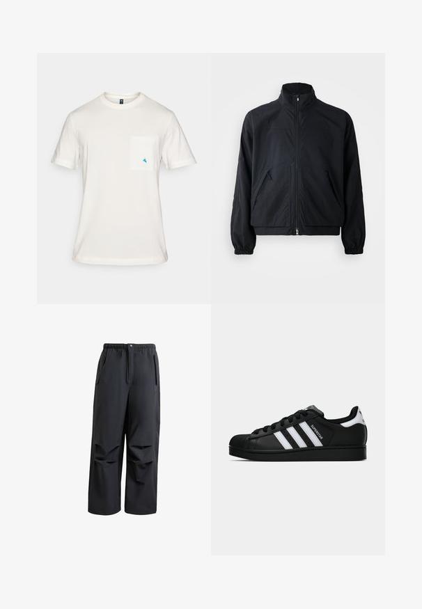 Black zip-up jacket with a high collar, featuring two front pockets and elastic cuffs, made from a lightweight, textured material.; White cotton T-shirt with short sleeves, round neck, and a pocket on the left chest featuring a small blue triangular logo.; Black, loose-fitting pants made of soft fabric. Features an elastic waistband, button closure, and two side pockets with pleated details.; Black Adidas Superstar sneaker with white stripes, shell toe, and "Superstar" text on side, shown in side profile on white background.