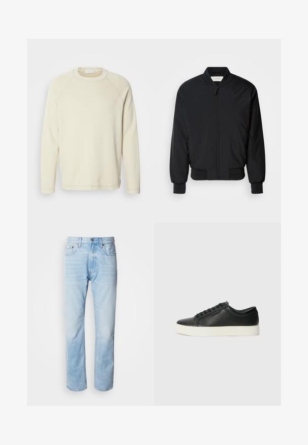 Cortavento preto feito de tecido liso, com fecho frontal, punhos canelados e colarinho clássico. Design minimalista sem padrões.; Camisola de mangas longas em bege claro com textura canelada, decote redondo e mangas raglan. Detalhe de costura subtil ao longo das costuras.; Jeans de ganga azul clara com corte reto, apresentando seções desbotadas, design de cinco bolsos e um fecho clássico com botão.; Sneakers de couro preto com textura perfurada, bico redondo e sola de borracha branca plana. Apresenta atacadores pretos e um logótipo discreto na lateral.