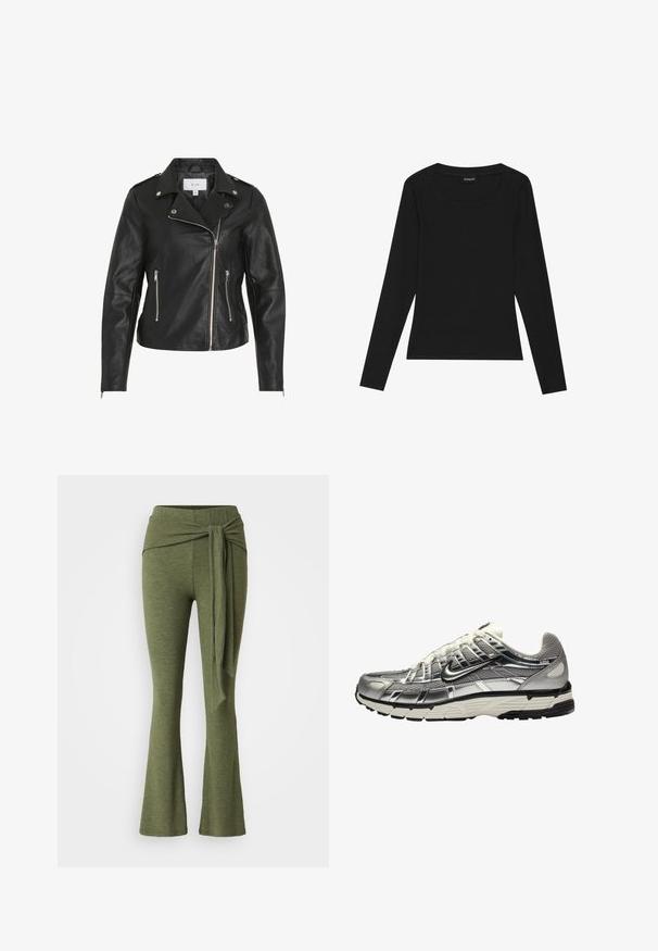 Juodas odinis motociklininko švarkas su asimetriniu užtrauktuku, sidabriniais priedais, dviem užtrauktukais uždaromomis kišenėmis ir struktūruotomis siūlėmis.; Juodas ilgomis rankovėmis, šonkačių rašto viršus su apvalia iškirpte ir prigludusia siluetu. Medžiaga pasižymi lygiu paviršiumi ir tamprumu.; Tamsiai žali kelnės iš minkštos medžiagos su platėjančia kojų iškirpimo forma. Ypatingas mazgo akcentas aukštame juosmenyje.; Sidabriniai ir juodi sportiniai bateliai su tinkline ir sintetiniu viršumi, apimanti dizaino forma ir tekstūruota apdaila. Yra paminkštinta apykaklė ir guminis padas.