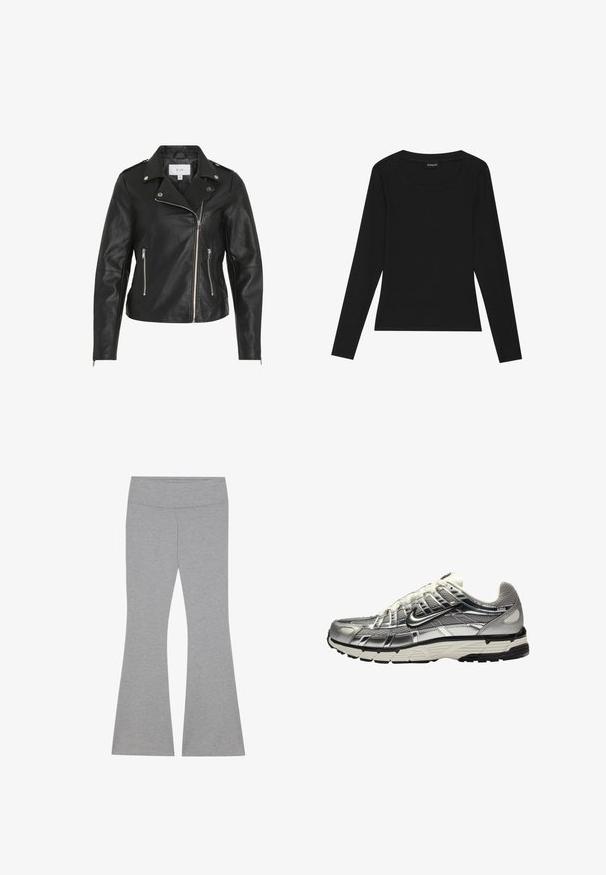 Juodas odinis motociklininko švarkas su asimetriniu užtrauktuku, sidabriniais priedais, dviem užtrauktukais uždaromomis kišenėmis ir struktūruotomis siūlėmis.; Juodas ilgomis rankovėmis, šonkačių rašto viršus su apvalia iškirpte ir prigludusia siluetu. Medžiaga pasižymi lygiu paviršiumi ir tamprumu.; Pilkos placios tamprės, pagamintos iš minkštos, elastingos medžiagos. Suteikia sklandų juosmenį ir aptemptą šlaunų dalį, kuri apačioje išsiplečia.; Sidabriniai ir juodi sportiniai bateliai su tinkline ir sintetiniu viršumi, apimanti dizaino forma ir tekstūruota apdaila. Yra paminkštinta apykaklė ir guminis padas.