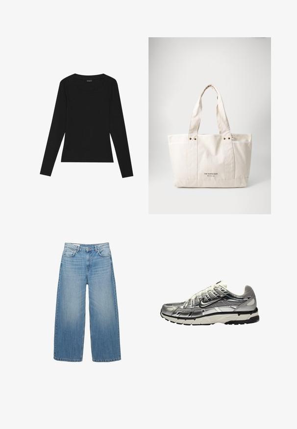 Sort læder motorcykeljakke med en asymmetrisk lynlås, sølvhardware, to lynlås lommer og strukturerede sømme.; Sort langærmet ribbet top med rund halsudskæring og tætsiddende silhuet. Stoffet har en glat tekstur og en strækbar kvalitet.; Lys blå brede jeans lavet af denim, med et klassisk fem-lomme design og en knaplukning. Har en falmet struktur over det hele.; Sølv og sort atletisk sko med en overdel af mesh og syntetisk materiale, voluminøst design og en tekstureret finish. Har en polstret krave og gummisål.; Canvas tote taske i lys beige med to robuste håndtag, kontrasterende hvid trim og logoet "THE NORTH FACE" i sort foran.
