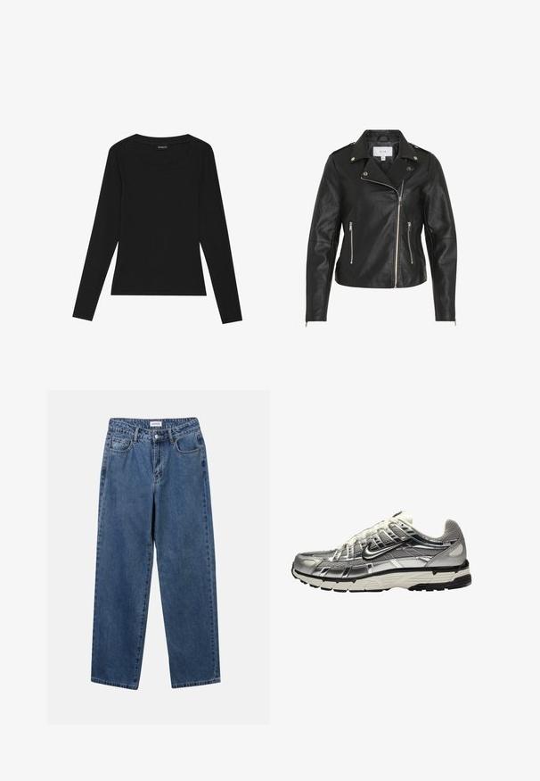 Μαύρο δερμάτινο μπουφάν μοτοσικλέτας με ασύμμετρο φερμουάρ, ασημένια μεταλλικά στοιχεία, δύο τσέπες με φερμουάρ και δομημένες ραφές.; Μαύρο μπλουζάκι με μακριά μανίκια, ριχτό λαιμό και εφαρμοστή σιλουέτα. Το ύφασμα έχει λεία υφή και ελαστικότητα.; Κλασικό μπλε τζιν παντελόνι με ίσια γραμμή, πέντε τσέπες και κλείσιμο με κουμπί. Διαθέτει μεσαία πλύση και ανθεκτική υφή.; Αθλητικό παπούτσι σε ασημί και μαύρο χρώμα με συνδυασμό πλέγματος και συνθετικού υλικού, όγκο στο σχέδιο και υφή. Διαθέτει επενδυμένο κολάρο και καουτσούκ σόλα.