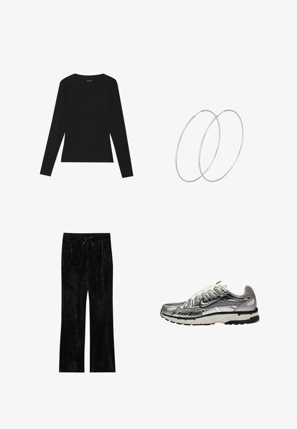 Musta nahkainen moottoripyörätakki, jossa on epäsymmetrinen vetskari, hopeiset yksityiskohdat, kaksi vetoketjullista taskua ja jämäkät saumat.; Musta pitkähihainen ribbikolmio, jossa on pyöreä kaula-aukko ja tiukka siluetti. Kankaan pinta on sileä ja joustava.; Mustat veluurihousut, joissa on pehmeä pinta, leveä lahkeiden muotoilu, joustava vyötärönauha, nyörikiinnitys ja kaksi etutaskua.; Hopeinen ja musta urheilujalkine, jossa on verkkokangas- ja synteettinen päällinen, tilava muotoilu ja teksturoitu pinta. Varustettu pehmustetulla nilkkareunalla ja kumipohjalla.; Hopehope hopeilla, joissa on minimalistinen muotoilu. Pyöreä muoto, sileä pinta ja ohut profiili. Kevyet ja kiillotetut.