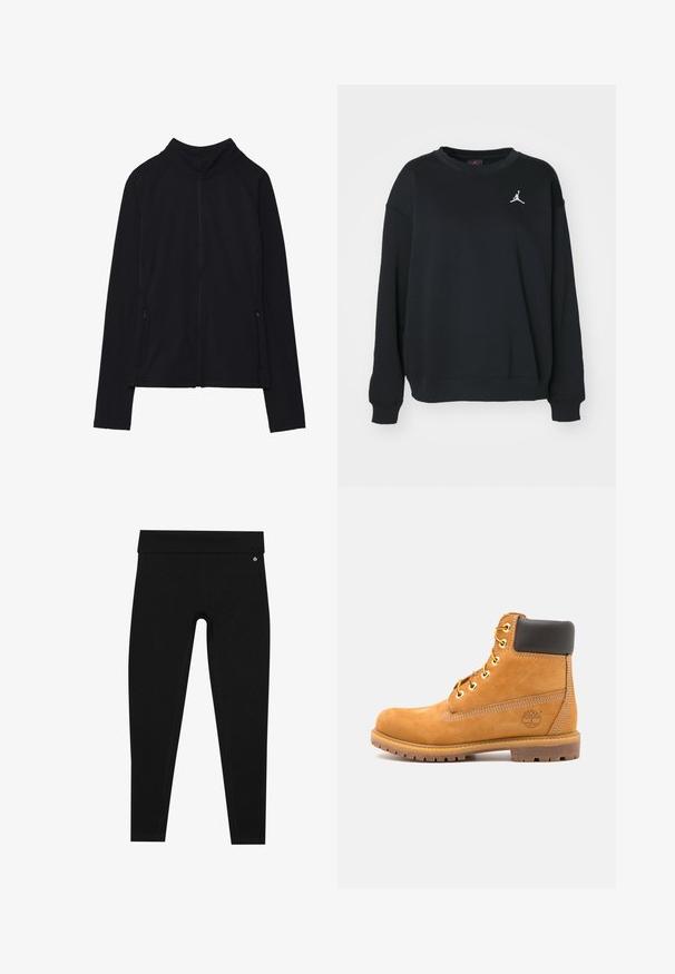 Jachetă neagră cu fermoar, cu guler înalt, fabricată dintr-un material moale. Prezintă mâneci raglan și două buzunare laterale cu fermoar. Textură netedă.; Hanorac negru din bumbac, cu guler rotund, mâneci lungi, manșete și tiv cu nervuri, având un logo Jumpman alb pe piept.; Leggings negre cu talie înaltă. Fabricate dintr-un material neted, elastic, cu cusături plate și un mic accent de logo aproape de talie.; Botă din piele maro până la gleznă, cu umplutură neagră, ochiuri aurii și o talpă texturată. Prezintă un logo circular pe lateral și accente de cusătură.