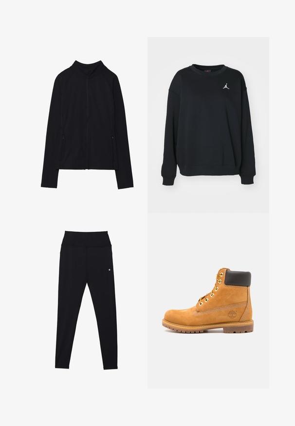 Giacca nera con zip e colletto alto, realizzata in tessuto morbido. Presenta maniche raglan e due tasche laterali con zip. Texture liscia.; Felpa nera in cotone, con scollo rotondo, maniche lunghe, polsini e orlo a coste, caratterizzata dal logo Jumpman bianco sul petto.; Leggings neri realizzati in tessuto elastico, con una cintura ampia senza cuciture e un minimo dettaglio del logo bianco vicino all'anca. Texture liscia.; Stivale alla caviglia in pelle marrone con imbottitura nera, occhielli dorati e suola texturizzata. Presenta un logo circolare su un lato e dettagli di cucitura.