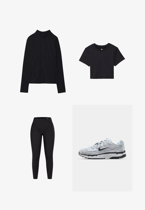 Giacca nera con zip e colletto alto, realizzata in tessuto morbido. Presenta maniche raglan e due tasche laterali con zip. Texture liscia.; T-shirt nera cropped con maniche corte, scollo rotondo, realizzata in tessuto liscio. Design minimalista senza motivi o accenti visibili.; Leggings neri a vita alta realizzati in materiale elastico, caratterizzati da una superficie liscia e un design aderente senza hardware o motivi visibili.; Sneakers Nike P-6000 con una toma superiore in mesh grigio chiaro, accenti neri e una resistente suola in gomma nera. Dotati di un design intricato e di un sistema di allacciatura.