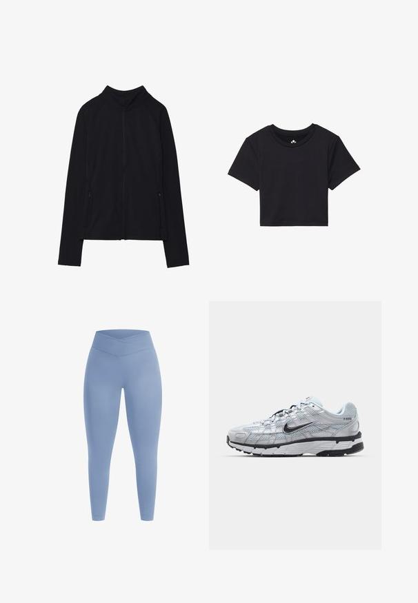 Schwarze Zip-Jacke mit hohem Kragen, aus weichem Stoff gefertigt. Verfügt über Raglanärmel und zwei seitliche Reißverschlusstaschen. Glatte Textur.; Schwarzes, kurzes T-Shirt mit kurzen Ärmeln, rundem Ausschnitt, aus glattem Stoff. Minimalistisches Design ohne sichtbare Muster oder Akzente.; Helle blaue Leggings mit einem hohen, überkreuzten Bund. Glatte Textur, enganliegendes Design und umfassende Abdeckung ohne Muster oder Verzierungen.; Nike P-6000 Sneakers mit einem Obermaterial aus leichtem grauem Mesh, schwarzen Akzenten und einer langlebigen schwarzen Gummisohle. Verfügt über ein komplexes Design und ein Schnürsystem.