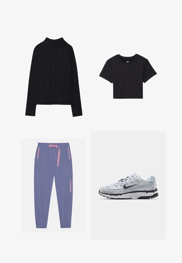 Schwarze Zip-Jacke mit hohem Kragen, aus weichem Stoff gefertigt. Verfügt über Raglanärmel und zwei seitliche Reißverschlusstaschen. Glatte Textur.; Schwarzes, kurzes T-Shirt mit kurzen Ärmeln, rundem Ausschnitt, aus glattem Stoff. Minimalistisches Design ohne sichtbare Muster oder Akzente.; Even&Odd active Outdoor-Hose - blue/grey; Nike P-6000 Sneakers mit einem Obermaterial aus leichtem grauem Mesh, schwarzen Akzenten und einer langlebigen schwarzen Gummisohle. Verfügt über ein komplexes Design und ein Schnürsystem.