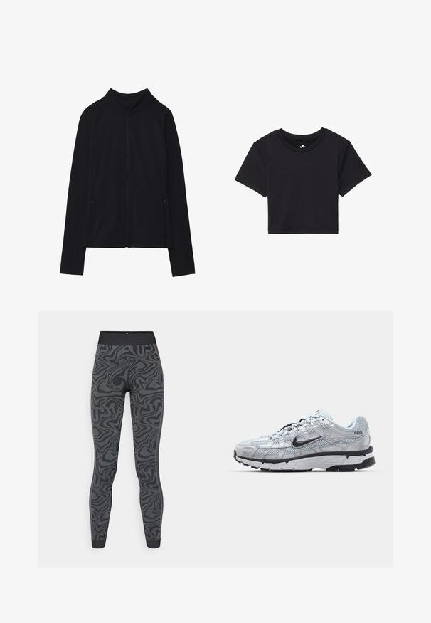Zwarte zip-up jas met een hoge kraag, gemaakt van zacht materiaal. Voorzien van raglanmouwen en twee ritssluitingen aan de zijkant. Glad textuur.; Zwarte cropped t-shirt met korte mouwen, ronde halslijn, gemaakt van gladde stof. Minimalistisch ontwerp zonder zichtbare patronen of accenten.; Leggings van rekbaar materiaal in donkergrijs met een gestructureerd, draaiend zwart patroon; aansluitend ontwerp met een brede tailleband en omgezoomde manchetten.; Nike P-6000 sneakers met een lichtgrijze mesh bovenkant, zwarte accenten en een duurzame zwarte rubberen zool. Kenmerkt zich door een ingewikkeld ontwerp en vetersysteem.