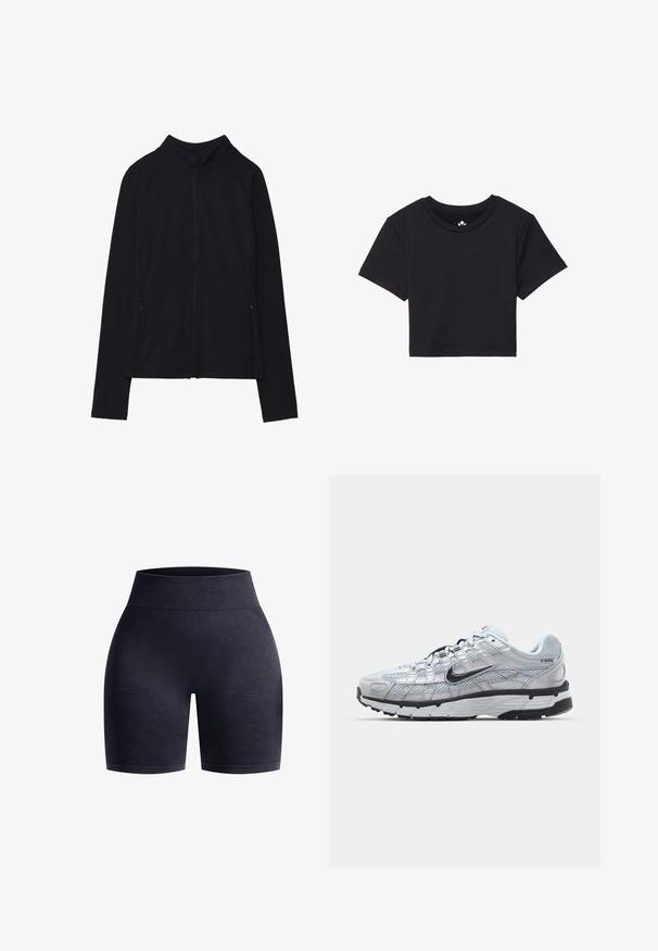 Musta vetoketjullinen takki korkealla kauluksella, valmistettu pehmeästä kankaasta. Varustettu raglan-hihoilla ja kahdella vetoketjullisella sivutaskulla. Sileä pinta.; Musta lyhythihainen croppitoppi, jossa on pyöreä kaula-aukko ja sileä kangas. Minimalistinen muotoilu, ilman näkyviä kuvioita tai koristuksia.; Korkeavyötäröiset mustat shortsit, jotka on valmistettu rakenteellisesta kankaasta, jossa on hienovaraisia kuvioita. Suunniteltu mukavuutta ja joustavuutta varten.; Nike P-6000 tennarit, joissa on vaaleanharmaa verkkomateriaali, mustia yksityiskohtia ja kestävä musta kumipohja. Ominaisuuksia ovat monimutkainen muotoilu ja nauhoitusjärjestelmä.