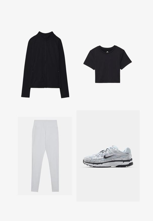 Sort zip-up jakke med høj krave, lavet af blødt stof. Den har raglanærmer og to lynlåslommer på siden. Glat tekstur.; Sort cropped t-shirt med korte ærmer, rund halsudskæring, lavet af glat stof. Minimalistisk design uden synlige mønstre eller accenter.; Hvide leggings lavet af strækbart materiale, med en høj talje, glat tekstur, og uden synlige sømme eller udsmykninger.; Nike P-6000 sneakers med en lys grå mesh overdel, sorte accenter og en holdbar sort gummisål. Har et detaljeret design og snøresystem.