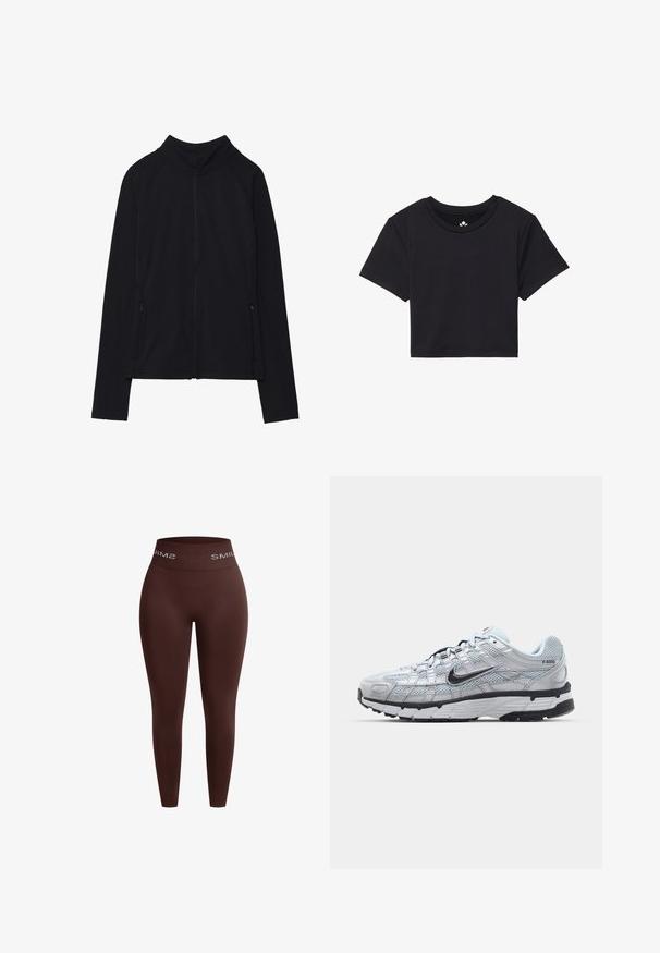 Giacca nera con zip e colletto alto, realizzata in tessuto morbido. Presenta maniche raglan e due tasche laterali con zip. Texture liscia.; T-shirt nera cropped con maniche corte, scollo rotondo, realizzata in tessuto liscio. Design minimalista senza motivi o accenti visibili.; Leggings marroni con una ampia vita elasticizzata che presenta il testo bianco "SMIL". Tessuto liscio, design affusolato, senza cuciture o motivi visibili.; Sneakers Nike P-6000 con una toma superiore in mesh grigio chiaro, accenti neri e una resistente suola in gomma nera. Dotati di un design intricato e di un sistema di allacciatura.