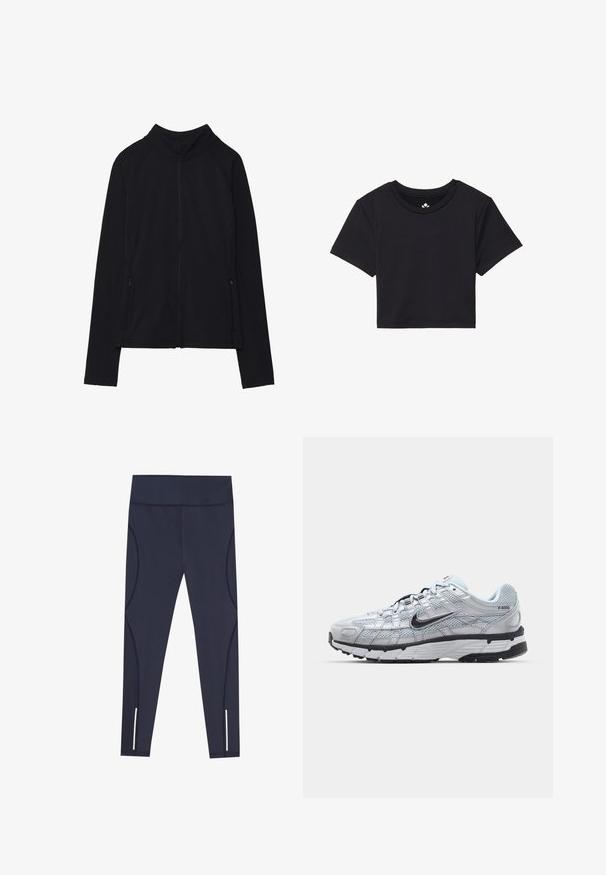 Juoda zip-up striukė su aukštu apykakle, pagaminta iš švelnios medžiagos. Su raglaninės rankovėmis ir dviem užtrauktukais uždaromais šoninių kišenėmis. Lygi tekstūra.; Juoda trumpa marškinėlių su trumpomis rankovėmis, apvaliu iškirpimu, pagaminti iš lygaus audinio. Minimalistinis dizainas be matomų raštų ar akcentų.; Tamsiai mėlynos legging'os, pagamintos iš elastingos medžiagos, su aukštu juosmeniu ir išlinkusiomis šoninėmis siūlėmis, su atspindinčiais akcentais kulkšnies kraštuose.; Nike P-6000 sportbačiai su šviesiai pilku tinkleliu, juodais akcentais ir patvariu juodu guminėm padais. Yra sudėtingas dizainas ir raištelių sistema.