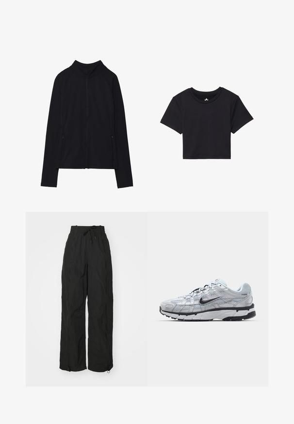 Črna zip-up jakna z visokim ovratnikom, narejena iz mehkega materiala. Ima raglan rokave in dve žepni zadrgi na straneh. Gladka tekstura.; Črna kratka majica s kratkimi rokavi, okroglim izrezom, izdelana iz gladkega blaga. Minimalističen dizajn brez vidnih vzorcev ali dodatkov.; Črne široke hlače iz lahkega teksturiranega materiala. Imajo elastični pas, detajl z vrvico in zadrge na območju gležnjev.; Nike P-6000 športni copati z lahkim sivim mrežastim zgornjim delom, črnimi dodatki in trdim črnim gumijastim podplatom. Imajo zapleten dizajn in sistem vezalk.