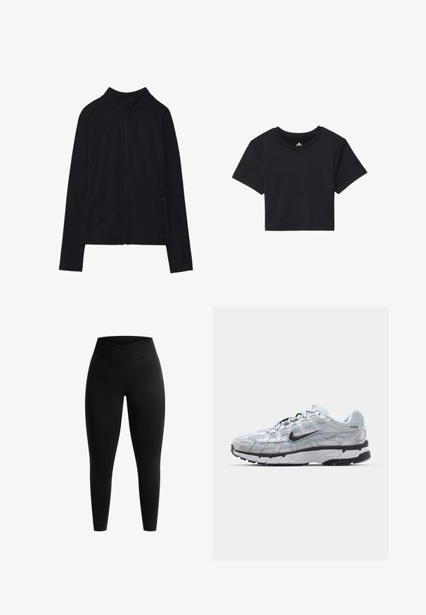 Giacca nera con zip e colletto alto, realizzata in tessuto morbido. Presenta maniche raglan e due tasche laterali con zip. Texture liscia.; T-shirt nera cropped con maniche corte, scollo rotondo, realizzata in tessuto liscio. Design minimalista senza motivi o accenti visibili.; Leggings neri con una vita alta e incrociata. Realizzati in un tessuto liscio e elasticizzato, progettati per offrire una vestibilità comoda e libertà di movimento.; Sneakers Nike P-6000 con una toma superiore in mesh grigio chiaro, accenti neri e una resistente suola in gomma nera. Dotati di un design intricato e di un sistema di allacciatura.