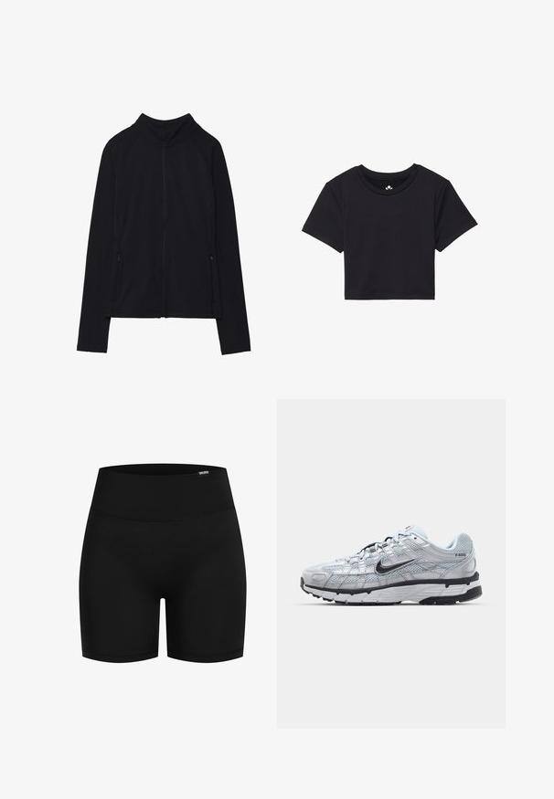 Chaqueta negra con cremallera y cuello alto, hecha de un tejido suave. Presenta mangas raglán y dos bolsillos laterales con cremallera. Textura suave.; Camiseta corta negra con mangas cortas, escote redondo, hecha de una tela suave. Diseño minimalista sin patrones o acentos visibles.; Pantalones cortos deportivos negros con una tela suave y elástica; cintura alta; sin patrones o herrajes visibles; corte a la altura de la rodilla.; Zapatillas Nike P-6000 con parte superior de malla gris claro, acentos negros y suela de goma negra duradera. Presentan un diseño intrincado y un sistema de cordones.