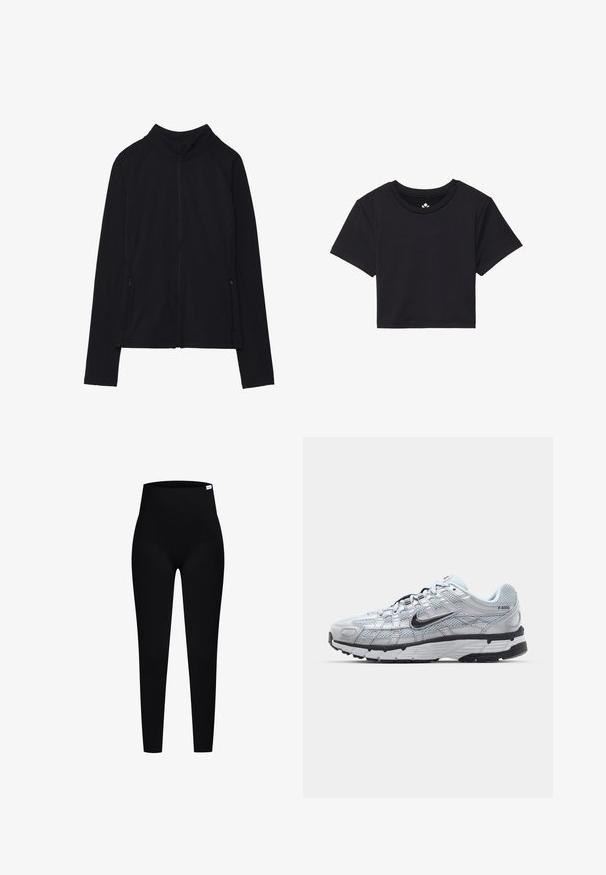 Černá bundě na zip s vysokým límcem, vyrobená z měkké látky. Má raglánové rukávy a dvě boční kapsy na zip. Hladká textura.; Černé zkrácené tričko s krátkými rukávy, kulatým výstřihem, vyrobené z hladkého materiálu. Minimalistický design bez viditelných vzorů nebo akcentů.; Černé žebrované legíny s vysokým pasem, s hladkou текстurou a přiléhavým střihem, vhodné pro aktivní nebo volnočasové nošení.; Tenisky Nike P-6000 s lehkou šedou síťovinou, černými akcenty a odolnou černou gumovou podrážkou. Vyznačují se složitým designem a systémem šněrování.