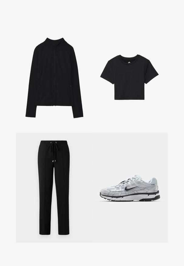 Mustmust kollane jope, millel on kõrge kaelus, valmistatud pehmest kangast. Omab raglanvarukke ja kahte lukuga küljetaskut. Sile tekstuur.; Must must t-särk lühikeste varrukatega, ümmarguse kaelusega, valmistatud siledast kangast. Minimalistlik disain ilma nähtavate mustrite või aktsentideta.; Mustad püksid elastse vöökohtaga, nööriga ja kuldsete aksessuaaride detailidega. Kangas on sileda tekstuuriga ning sirge sääre kujundusega.; Nike P-6000 tenniset heleda halli võrgust pealteega, mustade aktsentidega ja vastupidava musta kummist tallaga. Omab keerukat disaini ja paeltesüsteemi.