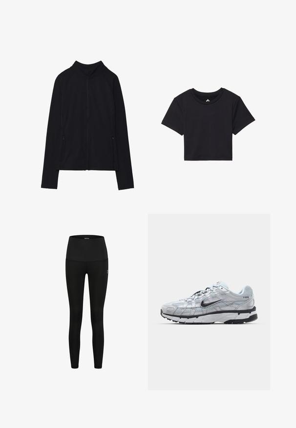 Zwarte zip-up jas met een hoge kraag, gemaakt van zacht materiaal. Voorzien van raglanmouwen en twee ritssluitingen aan de zijkant. Glad textuur.; Zwarte cropped t-shirt met korte mouwen, ronde halslijn, gemaakt van gladde stof. Minimalistisch ontwerp zonder zichtbare patronen of accenten.; Zwarte legging gemaakt van rekbare stof, met een hoge tailleband en een slank ontwerp. Geen patronen of zichtbare hardware-elementen.; Nike P-6000 sneakers met een lichtgrijze mesh bovenkant, zwarte accenten en een duurzame zwarte rubberen zool. Kenmerkt zich door een ingewikkeld ontwerp en vetersysteem.