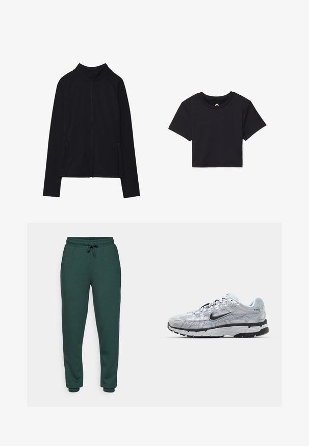 Čierna zipsová bunda s vysokým golierom, vyrobená z jemného materiálu. Má raglánové rukávy a dve bočné vrecká na zips. Hladká textúra.; Čierne skrátené tričko s krátkymi rukávmi a okrúhlym výstrihom, vyrobené z hladkej látky. Minimalistický dizajn bez viditeľných vzorov alebo akcentov.; Zelené teplákové nohavice vyrobené z jemnej, textúrovanej látky. Majú elastický pás so šnúrkou, zúžené nohavice a priliehavé manžety na členkoch.; Tenisky Nike P-6000 s vrchným materiálom z jemnej šedej sieťoviny, čiernymi akcentmi a odolnou čiernou gumovou podrážkou. Obsahujú jemný dizajn a systém šnurovania.
