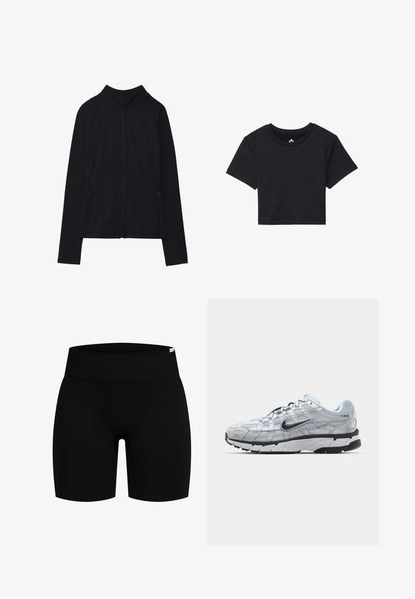 Zwarte zip-up jas met een hoge kraag, gemaakt van zacht materiaal. Voorzien van raglanmouwen en twee ritssluitingen aan de zijkant. Glad textuur.; Zwarte cropped t-shirt met korte mouwen, ronde halslijn, gemaakt van gladde stof. Minimalistisch ontwerp zonder zichtbare patronen of accenten.; Zwarte sportieve shorts met een brede, geribbelde tailleband. Gemaakt van gladde, rekbare stof met een getailleerde pasvorm en een korte zoom.; Nike P-6000 sneakers met een lichtgrijze mesh bovenkant, zwarte accenten en een duurzame zwarte rubberen zool. Kenmerkt zich door een ingewikkeld ontwerp en vetersysteem.