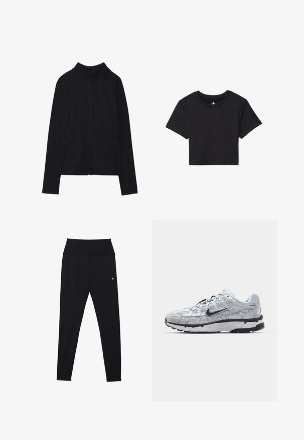 Chaqueta negra con cremallera y cuello alto, hecha de un tejido suave. Presenta mangas raglán y dos bolsillos laterales con cremallera. Textura suave.; Camiseta corta negra con mangas cortas, escote redondo, hecha de una tela suave. Diseño minimalista sin patrones o acentos visibles.; Leggings negros hechos de una tela elástica, con una cinturilla ancha y sin costuras, y un mínimo detalle del logotipo en blanco cerca de la cadera. Textura suave.; Zapatillas Nike P-6000 con parte superior de malla gris claro, acentos negros y suela de goma negra duradera. Presentan un diseño intrincado y un sistema de cordones.