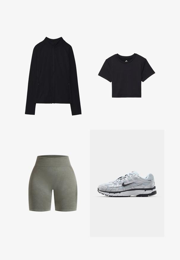 Zwarte zip-up jas met een hoge kraag, gemaakt van zacht materiaal. Voorzien van raglanmouwen en twee ritssluitingen aan de zijkant. Glad textuur.; Zwarte cropped t-shirt met korte mouwen, ronde halslijn, gemaakt van gladde stof. Minimalistisch ontwerp zonder zichtbare patronen of accenten.; Hoge taille, olijfgroene sportshorts gemaakt van een gladde stof, met textuurelementen en een slim fit ontwerp voor comfort.; Nike P-6000 sneakers met een lichtgrijze mesh bovenkant, zwarte accenten en een duurzame zwarte rubberen zool. Kenmerkt zich door een ingewikkeld ontwerp en vetersysteem.