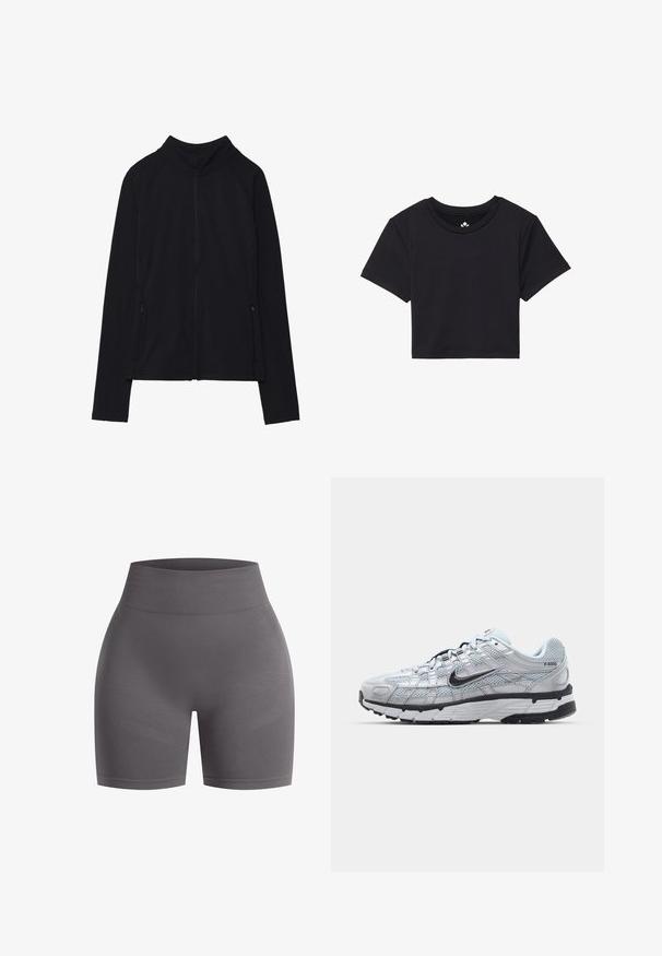 Schwarze Zip-Jacke mit hohem Kragen, aus weichem Stoff gefertigt. Verfügt über Raglanärmel und zwei seitliche Reißverschlusstaschen. Glatte Textur.; Schwarzes, kurzes T-Shirt mit kurzen Ärmeln, rundem Ausschnitt, aus glattem Stoff. Minimalistisches Design ohne sichtbare Muster oder Akzente.; Hochgeschnittene Sportshorts in dunkelgrau, mit einer glatten Struktur und dezentem Rippenmuster entlang des Taillenbunds und der Beine.; Nike P-6000 Sneakers mit einem Obermaterial aus leichtem grauem Mesh, schwarzen Akzenten und einer langlebigen schwarzen Gummisohle. Verfügt über ein komplexes Design und ein Schnürsystem.