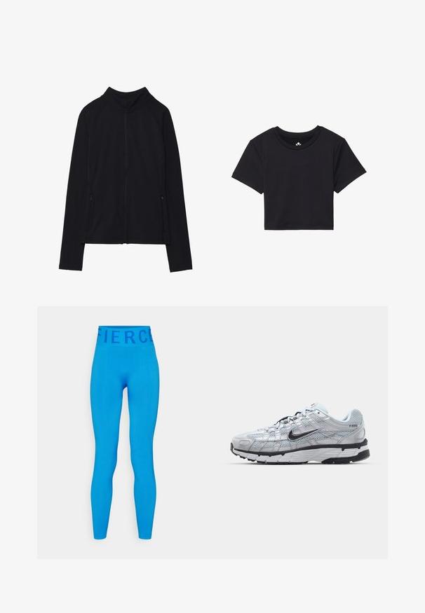 Melnā jaku ar rāvējslēdzēju, augsts apkakle, izgatavota no mīkstas auduma. Iekļautas raglan piedurknes un divas sānu kabatas ar rāvējslēdzējiem. Plūdena tekstūra.; Melna īsā T-krekla ar īsām piedurknēm, apaļo izgriezumu, izgatavots no gludas auduma. Minimālisma dizains bez redzamām faktūrām vai akcentiem.; Even&Odd active Legingi - blue; Nike P-6000 sporta apavi ar gaiši pelēku tīkla augšdaļu, melniem akcentiem un izturīgu melnu gumijas zoli. Iekļauj sarežģītu dizainu un saites sistēmu.