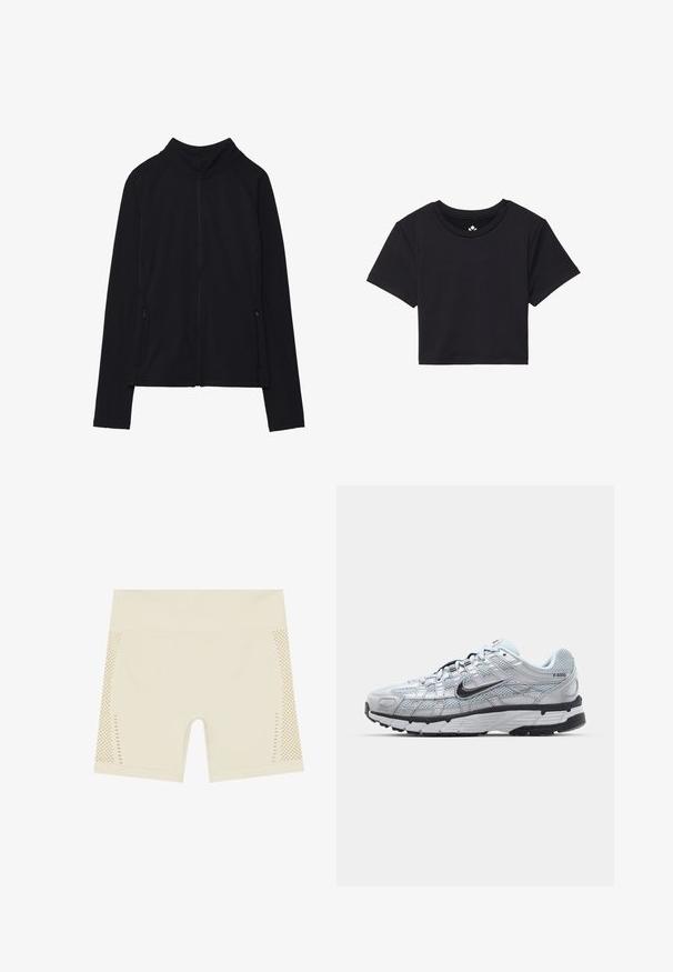 Černá bundě na zip s vysokým límcem, vyrobená z měkké látky. Má raglánové rukávy a dvě boční kapsy na zip. Hladká textura.; Černé zkrácené tričko s krátkými rukávy, kulatým výstřihem, vyrobené z hladkého materiálu. Minimalistický design bez viditelných vzorů nebo akcentů.; Vysoké cyklistické šortky v světle béžové barvě. Vyrobené z hladkého materiálu se síťovinovými bočními panely s malými výřezy pro zvýšení prodyšnosti.; Tenisky Nike P-6000 s lehkou šedou síťovinou, černými akcenty a odolnou černou gumovou podrážkou. Vyznačují se složitým designem a systémem šněrování.