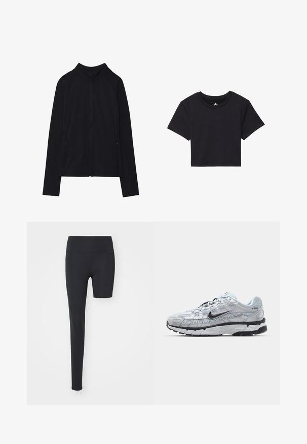 Svart zip-up jakke med høy krage, laget av mykt materiale. Har raglanerm sleeves og to glidelåslommer på siden. Jevn tekstur.; Svart kortermet t-skjorte med rund hals, laget av glatt stoff. Minimalistisk design uten synlige mønstre eller detaljer.; Sorte leggings med høy midje, med et enbeinsdesign; laget av glatt, elastisk stoff egnet for aktiv bruk.; Nike P-6000 sneakers med en lys grå mesh-overdel, sorte detaljer og en slitesterk svart gummisåle. Har et intrikat design og snøresystem.