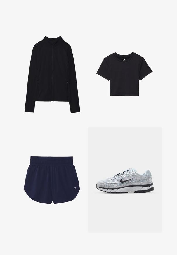 Čierna zipsová bunda s vysokým golierom, vyrobená z jemného materiálu. Má raglánové rukávy a dve bočné vrecká na zips. Hladká textúra.; Čierne skrátené tričko s krátkymi rukávmi a okrúhlym výstrihom, vyrobené z hladkej látky. Minimalistický dizajn bez viditeľných vzorov alebo akcentov.; Námornícky modré športové šortky s elastickým pásom, dvoma bočnými vreckami a malým logom na dolnej pravej strane. Hladká textúra látky.; Tenisky Nike P-6000 s vrchným materiálom z jemnej šedej sieťoviny, čiernymi akcentmi a odolnou čiernou gumovou podrážkou. Obsahujú jemný dizajn a systém šnurovania.