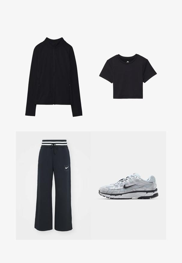 Casaco preto com fecho, com gola alta, feito de um tecido suave. Possui mangas raglan e dois bolsos laterais com fecho zip. Textura lisa.; T-shirt cropped preta com mangas curtas, decote redondo, feita de um tecido suave. Design minimalista sem padrões ou acentos visíveis.; Calças de moletão de um azul escuro, com um design de perna larga, apresentando um cós elástico listrado e um logo da Nike em branco na frente.; Ténis Nike P-6000 com um cabedal em malha cinza claro, detalhes em preto e uma sola de borracha preta durável. Apresenta um design intrincado e um sistema de atacadores.