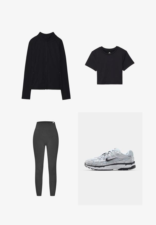 Chaqueta negra con cremallera y cuello alto, hecha de un tejido suave. Presenta mangas raglán y dos bolsillos laterales con cremallera. Textura suave.; Camiseta corta negra con mangas cortas, escote redondo, hecha de una tela suave. Diseño minimalista sin patrones o acentos visibles.; Leggings negros de cintura alta hechos de una tela elástica y texturizada. Presentan una cinturilla suave y una silueta ajustada. Sin patrones visibles.; Zapatillas Nike P-6000 con parte superior de malla gris claro, acentos negros y suela de goma negra duradera. Presentan un diseño intrincado y un sistema de cordones.