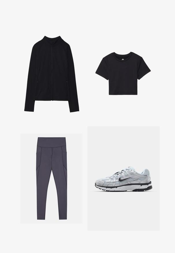 Mustmust kollane jope, millel on kõrge kaelus, valmistatud pehmest kangast. Omab raglanvarukke ja kahte lukuga küljetaskut. Sile tekstuur.; Must must t-särk lühikeste varrukatega, ümmarguse kaelusega, valmistatud siledast kangast. Minimalistlik disain ilma nähtavate mustrite või aktsentideta.; Tumedad hallid, kõrge vöökohaga leggingud, millel on külje taskud ja tekstuuriga õmblused. Valmistatud venivast ja hingavast kangast.; Nike P-6000 tenniset heleda halli võrgust pealteega, mustade aktsentidega ja vastupidava musta kummist tallaga. Omab keerukat disaini ja paeltesüsteemi.