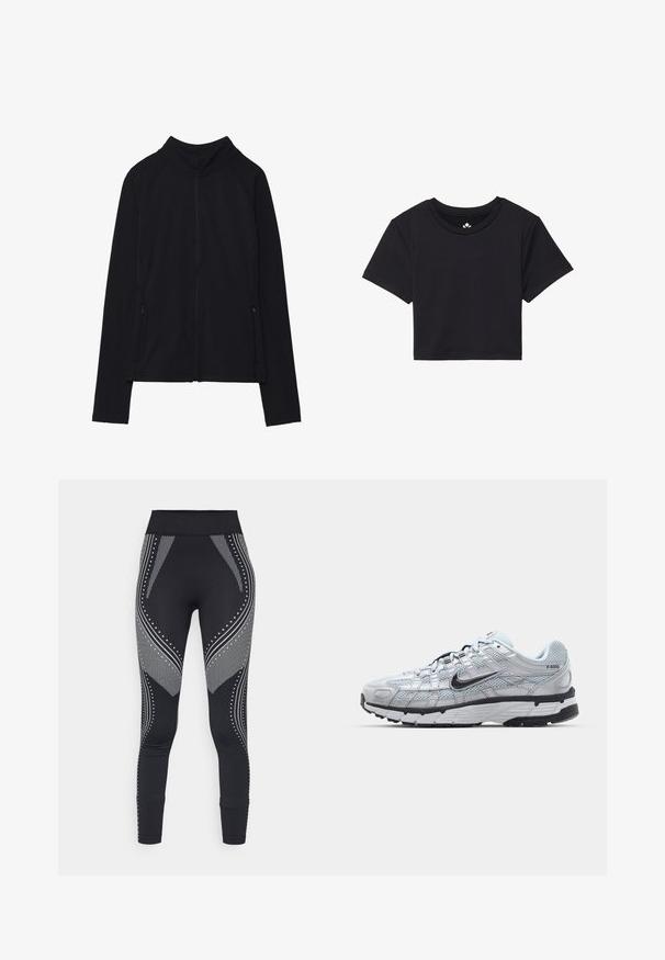 Czarna kurtka zapinana na zamek z wysokim kołnierzem, wykonana z miękkiego materiału. Posiada rękawy raglanowe oraz dwie kieszenie boczne zapinane na zamek. Gładka tekstura.; Czarna krótka koszulka z krótkimi rękawami, okrągłym dekoltem, wykonana z gładkiego materiału. Minimalistyczny design bez widocznych wzorów czy akcentów.; Czarne legginsy z szerokim pasem, z metalicznymi srebrnymi wzorami i akcentami, w tym liniami i kropkami, po bokach.; Nike P-6000 sneakers z jasnoszarym siateczkowym wierzchem, czarnymi akcentami i trwałą czarną gumową podeszwą. Charakteryzują się skomplikowanym wzornictwem i systemem sznurowania.