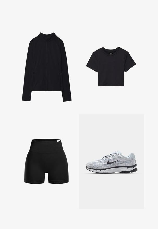 Czarna kurtka zapinana na zamek z wysokim kołnierzem, wykonana z miękkiego materiału. Posiada rękawy raglanowe oraz dwie kieszenie boczne zapinane na zamek. Gładka tekstura.; Czarna krótka koszulka z krótkimi rękawami, okrągłym dekoltem, wykonana z gładkiego materiału. Minimalistyczny design bez widocznych wzorów czy akcentów.; Czarne szorty o wysokim stanie wykonane z gładkiego, elastycznego materiału z szerokim pasem i krótką nogawką, z delikatnym połyskiem.; Nike P-6000 sneakers z jasnoszarym siateczkowym wierzchem, czarnymi akcentami i trwałą czarną gumową podeszwą. Charakteryzują się skomplikowanym wzornictwem i systemem sznurowania.