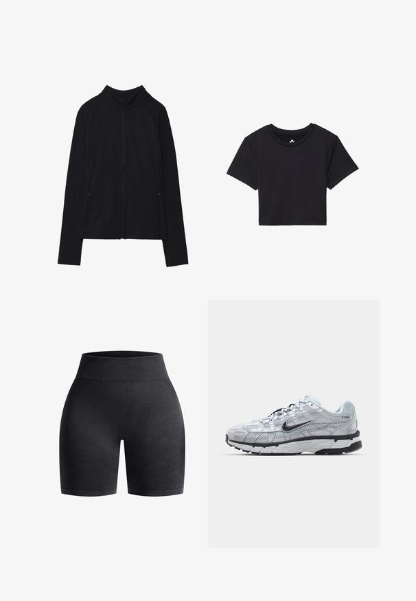 Černá bundě na zip s vysokým límcem, vyrobená z měkké látky. Má raglánové rukávy a dvě boční kapsy na zip. Hladká textura.; Černé zkrácené tričko s krátkými rukávy, kulatým výstřihem, vyrobené z hladkého materiálu. Minimalistický design bez viditelných vzorů nebo akcentů.; Černé sportovní šortky s vysokým pasem, vyrobené z texturované tkaniny s jemnými horizontálními pruhy a hladkým lemem.; Tenisky Nike P-6000 s lehkou šedou síťovinou, černými akcenty a odolnou černou gumovou podrážkou. Vyznačují se složitým designem a systémem šněrování.