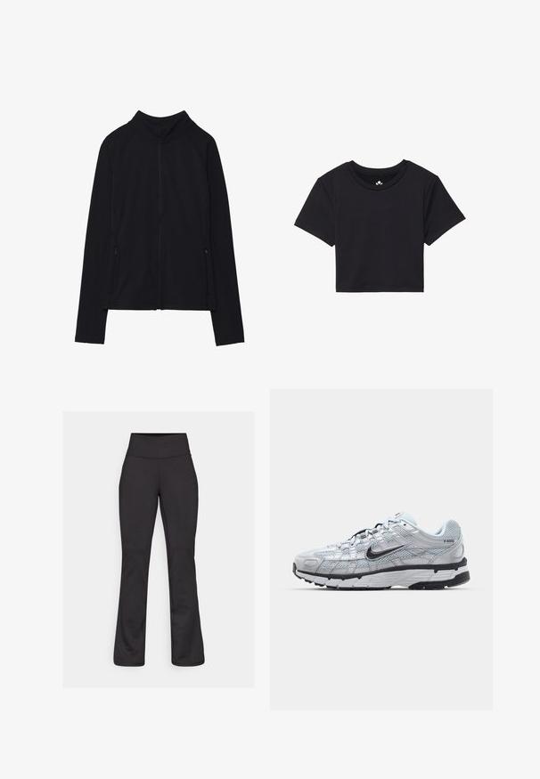 Fekete, cipzáros dzseki magas gallérral, puha anyagból készült. Raglán ujjakkal és két cipzáras oldalzsebbel rendelkezik. Simább textúra.; Fekete, rövid ujjú, cropped póló, kerek nyakkivágással, sima anyagból készült. Minimalista dizájn, látható minták vagy díszítések nélkül.; Fekete, bővülő jóga nadrág rugalmas anyagból. Magas derék, sima textúra, és nincsenek látható minták vagy fémrészletek.; Nike P-6000 sportcipő, világosszürke hálós felsőrésszel, fekete részletekkel és tartós fekete gumitalppal. Bonyolult dizájnnal és fűzőrendszerrel rendelkezik.