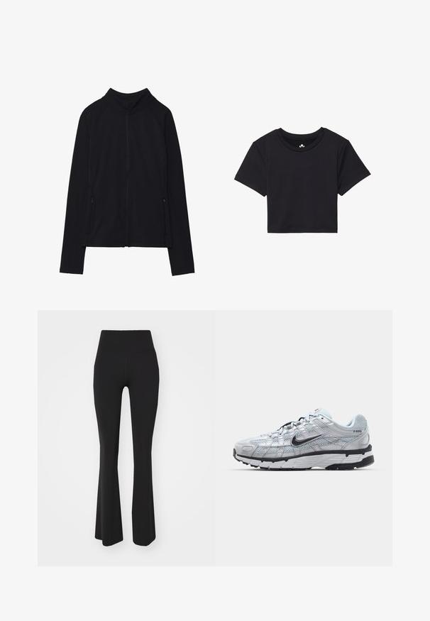 Juoda zip-up striukė su aukštu apykakle, pagaminta iš švelnios medžiagos. Su raglaninės rankovėmis ir dviem užtrauktukais uždaromais šoninių kišenėmis. Lygi tekstūra.; Juoda trumpa marškinėlių su trumpomis rankovėmis, apvaliu iškirpimu, pagaminti iš lygaus audinio. Minimalistinis dizainas be matomų raštų ar akcentų.; P.E Nation PREVIEW - Treningo apatinė dalis - black; Nike P-6000 sportbačiai su šviesiai pilku tinkleliu, juodais akcentais ir patvariu juodu guminėm padais. Yra sudėtingas dizainas ir raištelių sistema.
